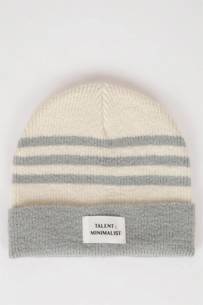 Kadın Gri Kadın Dokuma Etiketli Çizgili Bere