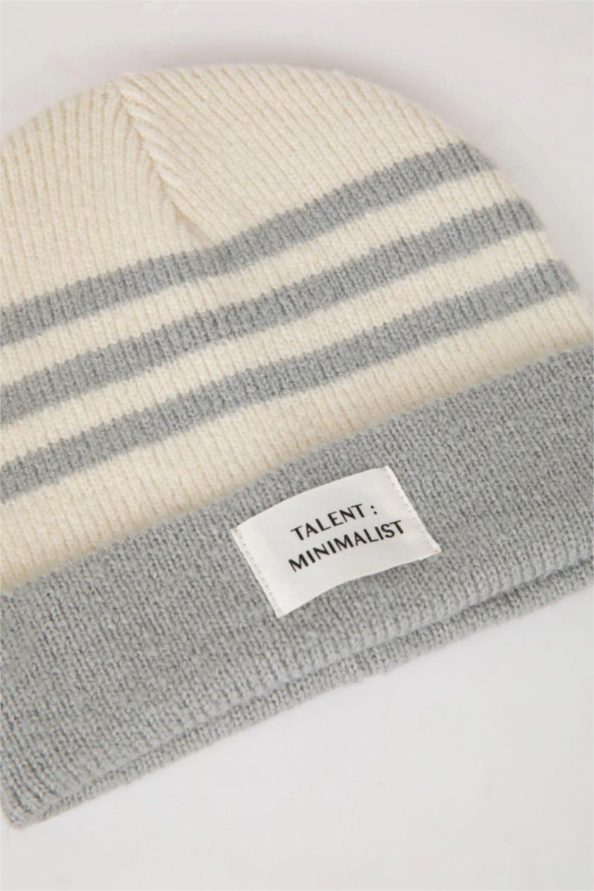 Kadın Gri Kadın Dokuma Etiketli Çizgili Bere