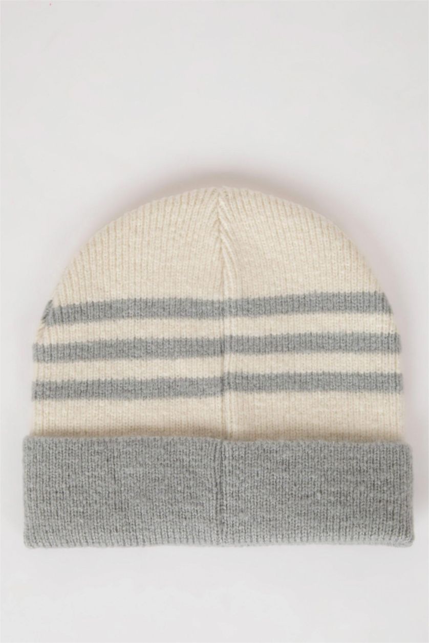 Kadın Gri Kadın Dokuma Etiketli Çizgili Bere