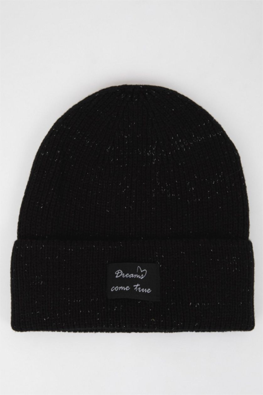 FEMME Noir Bonnet avec étiquette tissée pour Femme