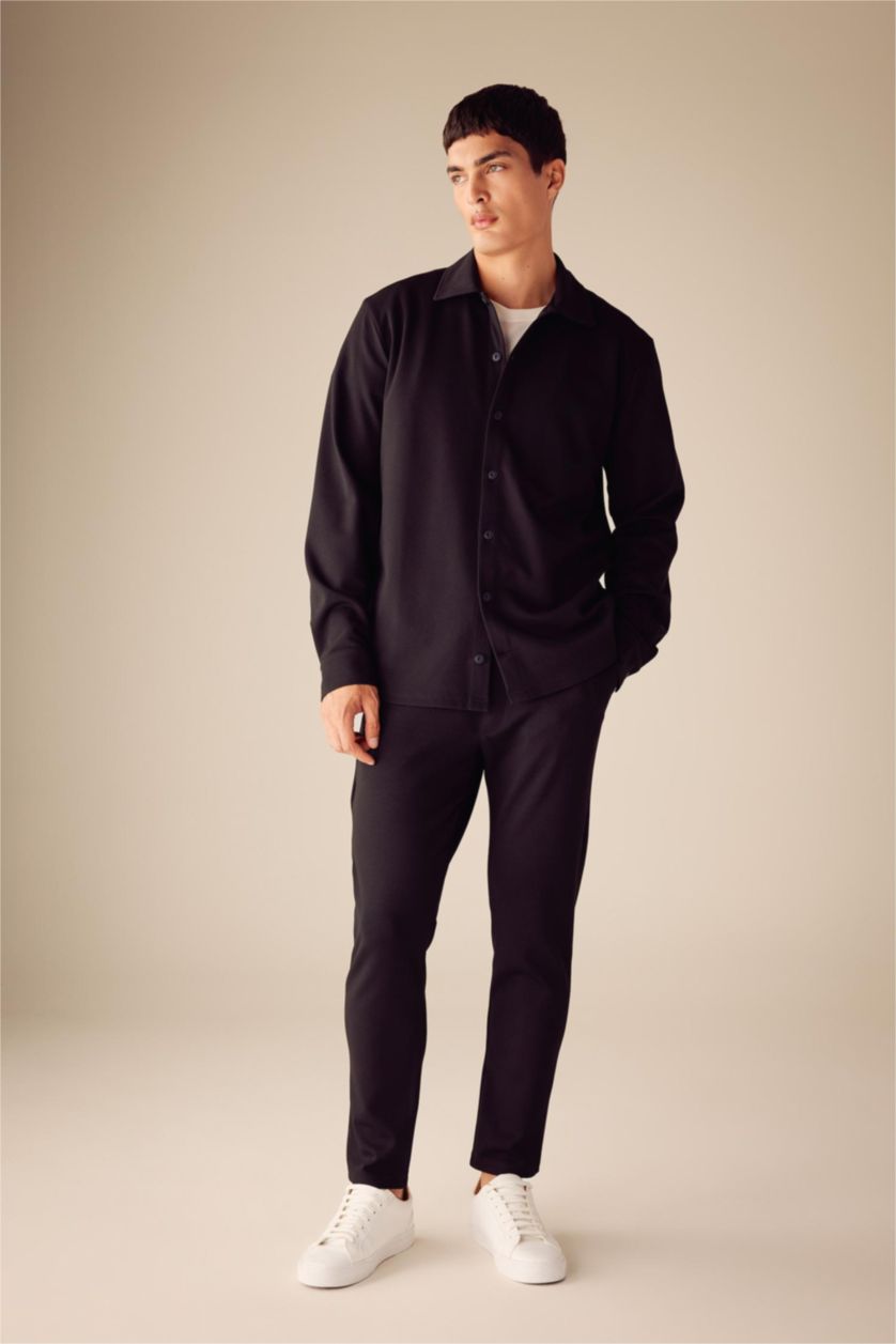 MAN Black Regular Fit Polo Collar Cotton Basic Long Sleeve Shirt