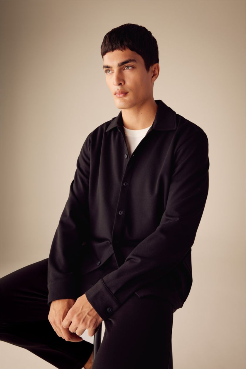 MAN Black Regular Fit Polo Collar Cotton Basic Long Sleeve Shirt