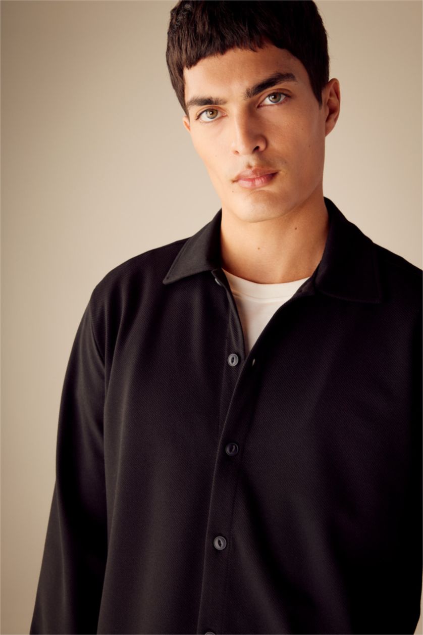 MAN Black Regular Fit Polo Collar Cotton Basic Long Sleeve Shirt