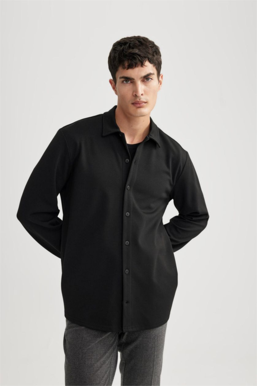 MAN Black Regular Fit Polo Collar Cotton Basic Long Sleeve Shirt