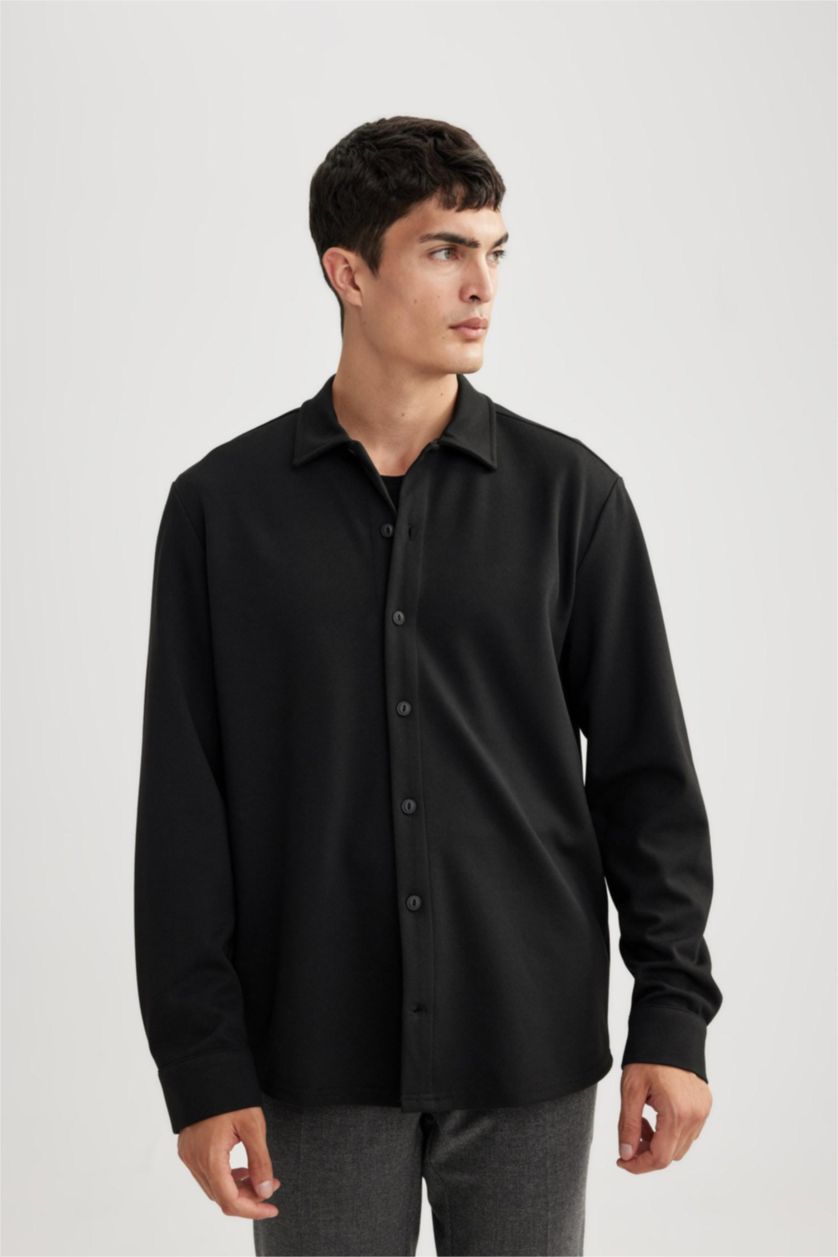 MAN Black Regular Fit Polo Collar Cotton Basic Long Sleeve Shirt