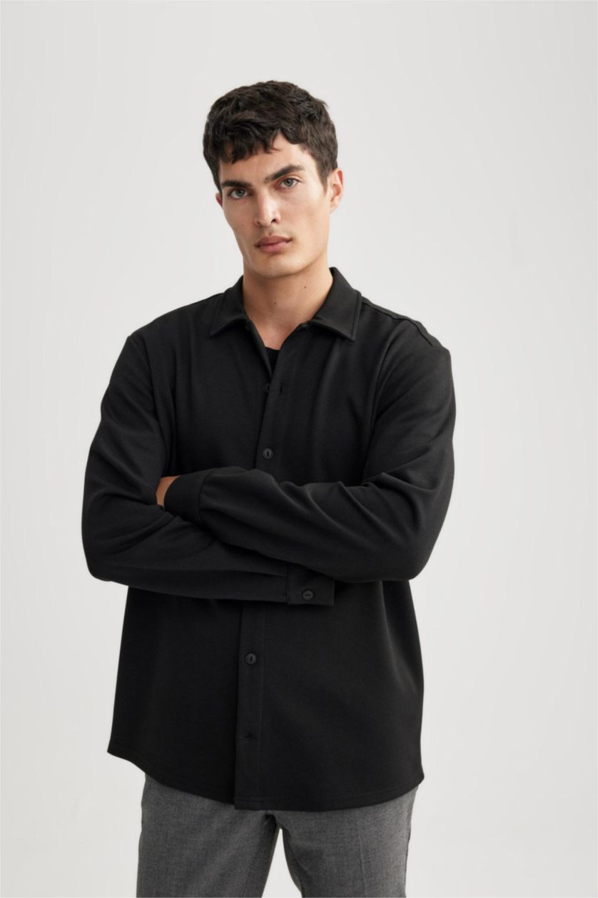 MAN Black Regular Fit Polo Collar Cotton Basic Long Sleeve Shirt