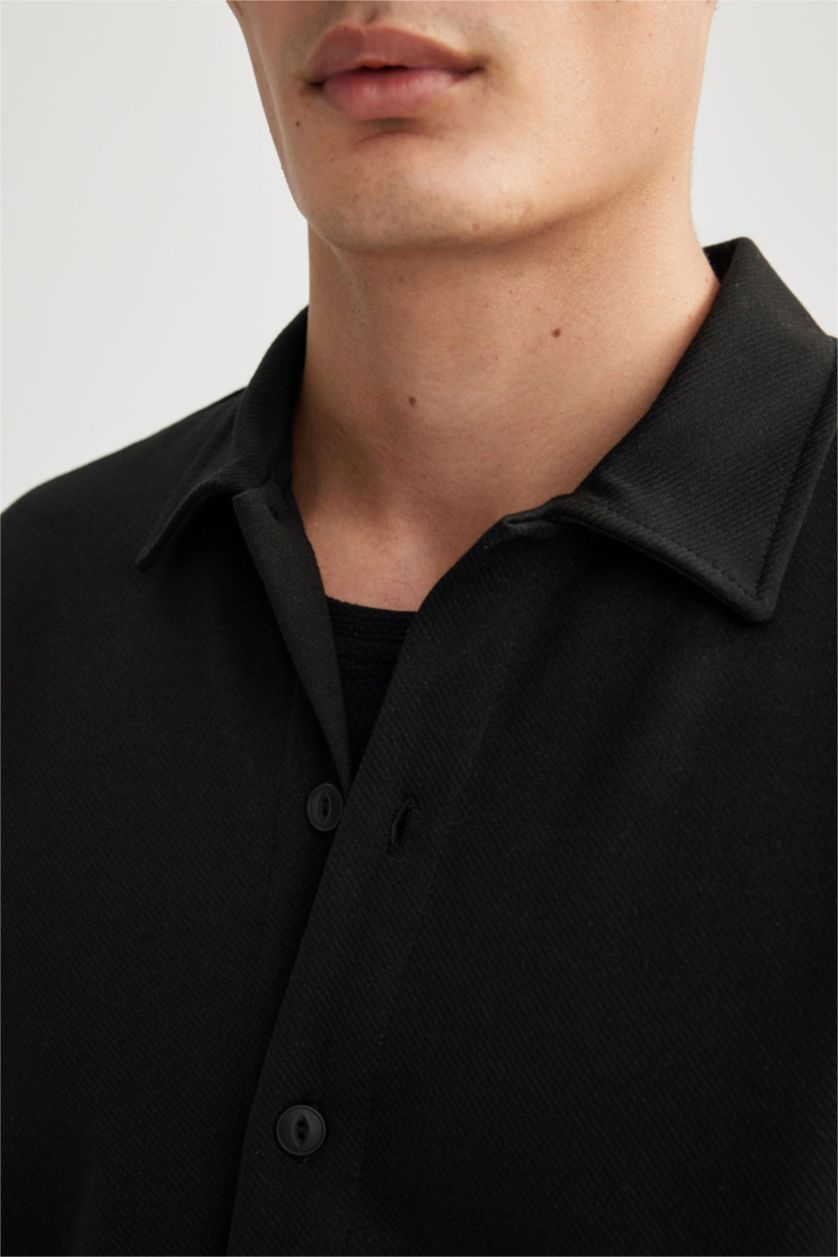 MAN Black Regular Fit Polo Collar Cotton Basic Long Sleeve Shirt