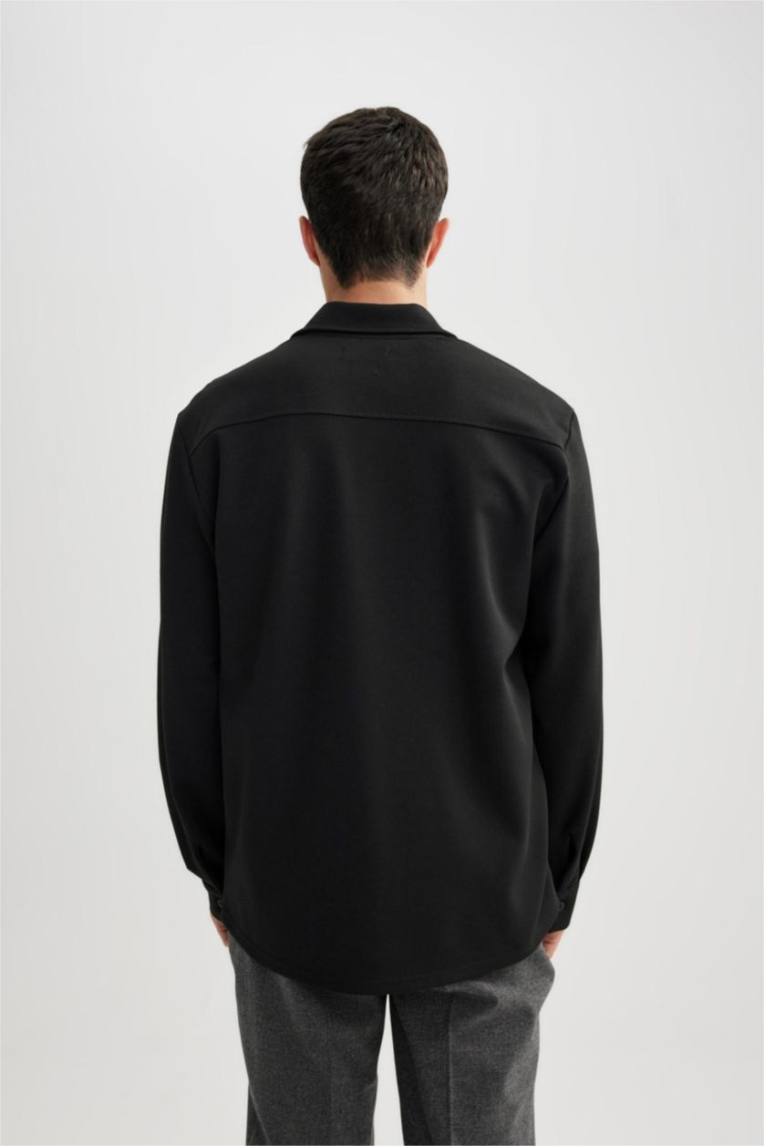 MAN Black Regular Fit Polo Collar Cotton Basic Long Sleeve Shirt