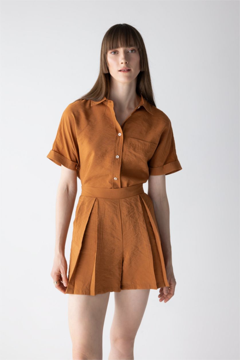 Woman Light Brown High Waist Wide Leg Premium Shorts