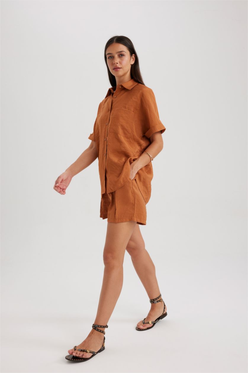 Woman Light Brown High Waist Wide Leg Premium Shorts