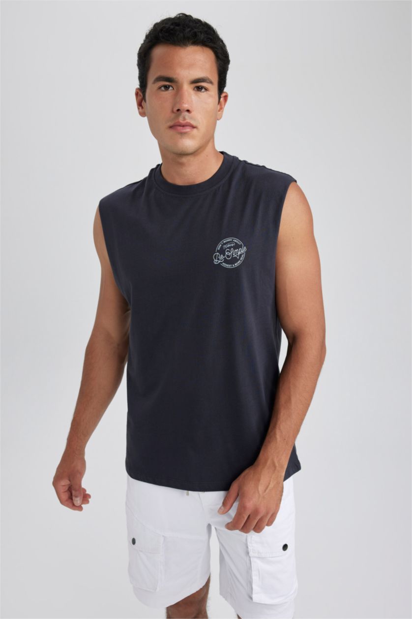 MAN Anthracite Boxy Fit Printed Crew Neck Sleeveless Tank Top