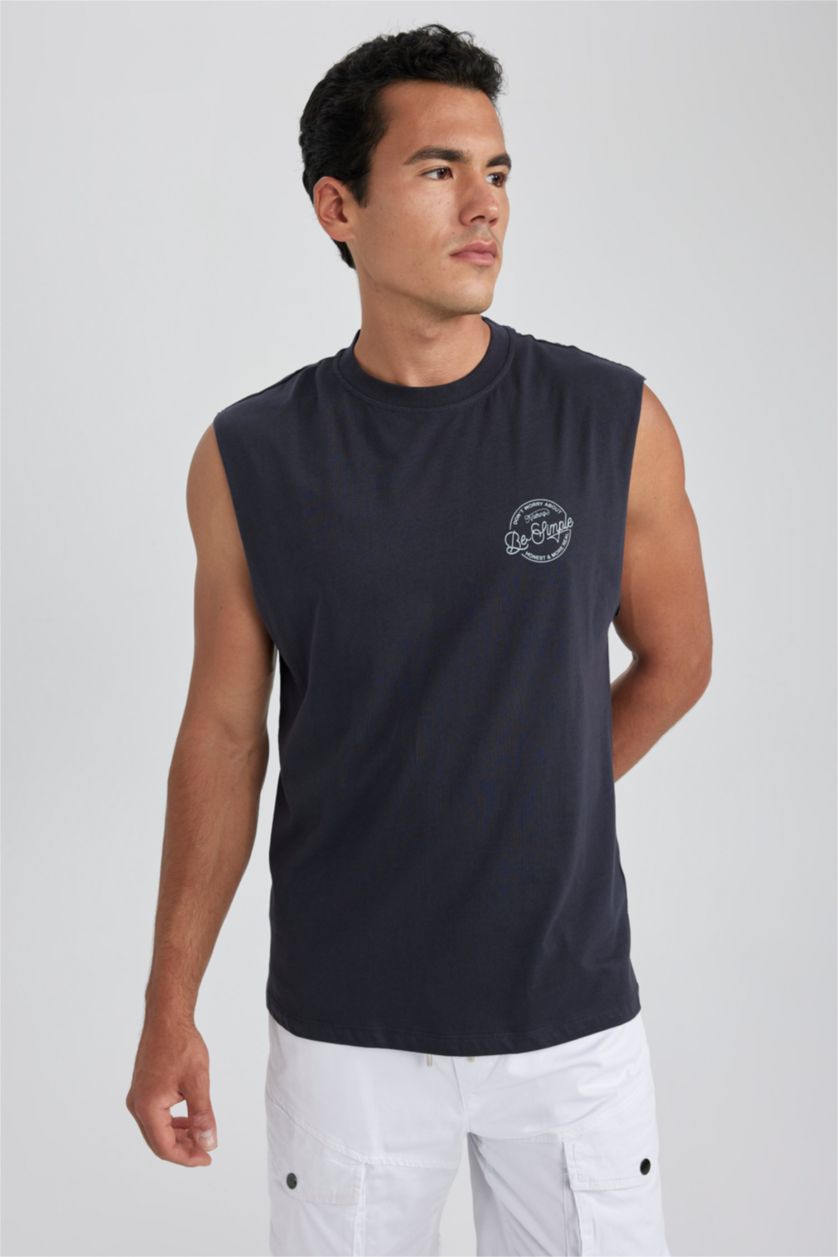 MAN Anthracite Boxy Fit Printed Crew Neck Sleeveless Tank Top