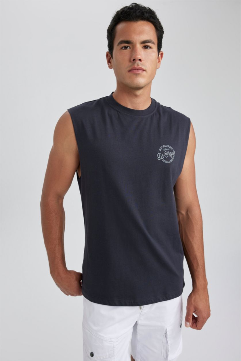 MAN Anthracite Boxy Fit Printed Crew Neck Sleeveless Tank Top