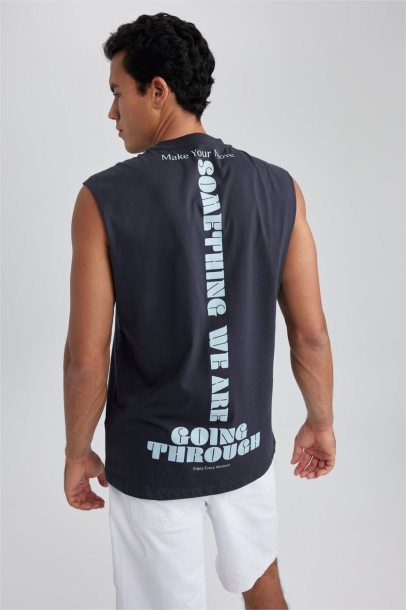 MAN Anthracite Boxy Fit Printed Crew Neck Sleeveless Tank Top