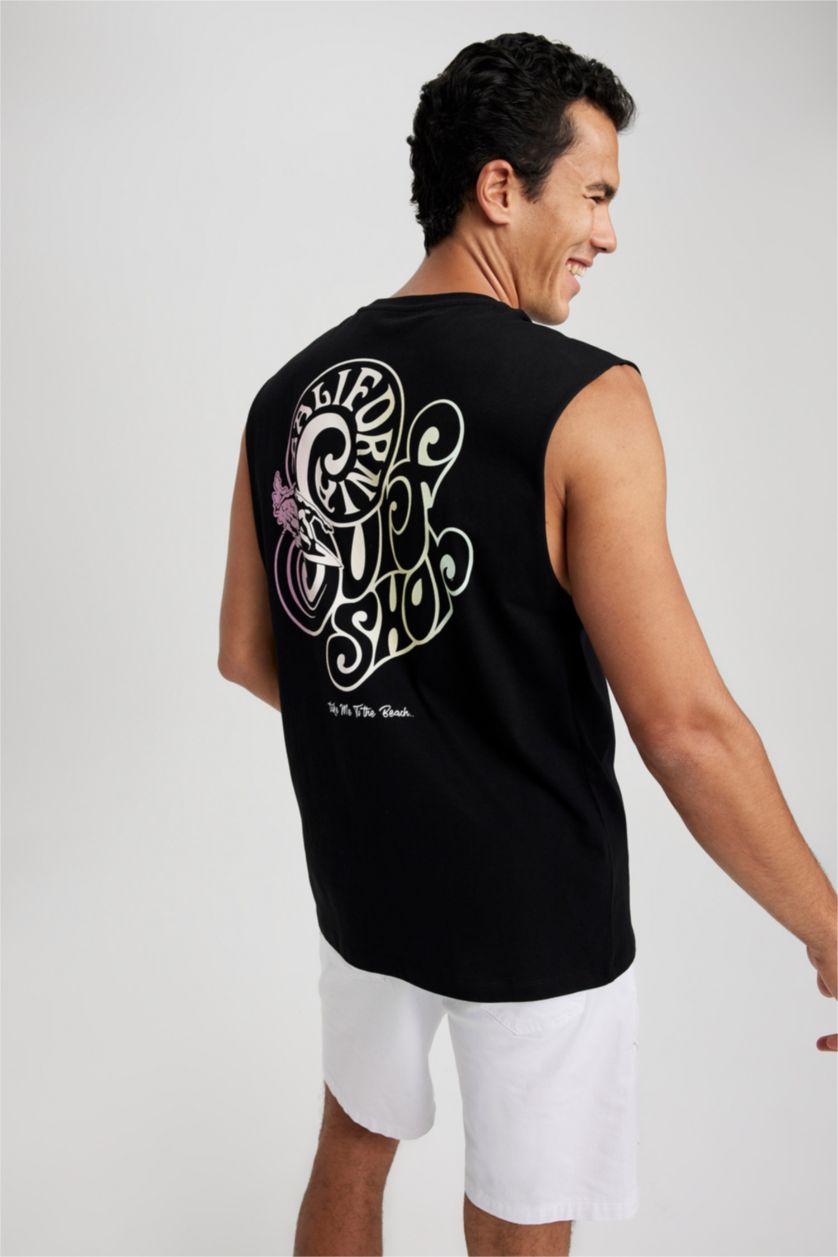 رجال أسود تيشيرت واسع بدون أكمام مطبوع