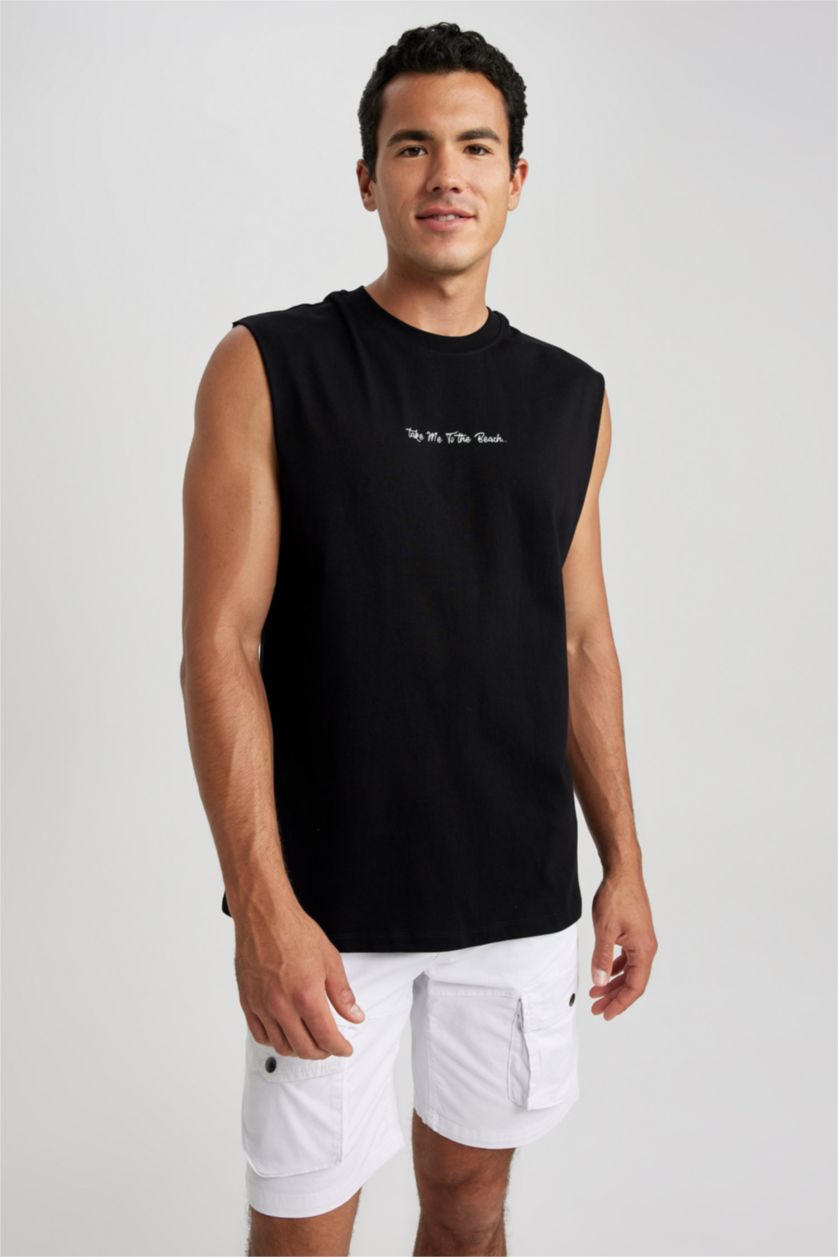 رجال أسود تيشيرت واسع بدون أكمام مطبوع