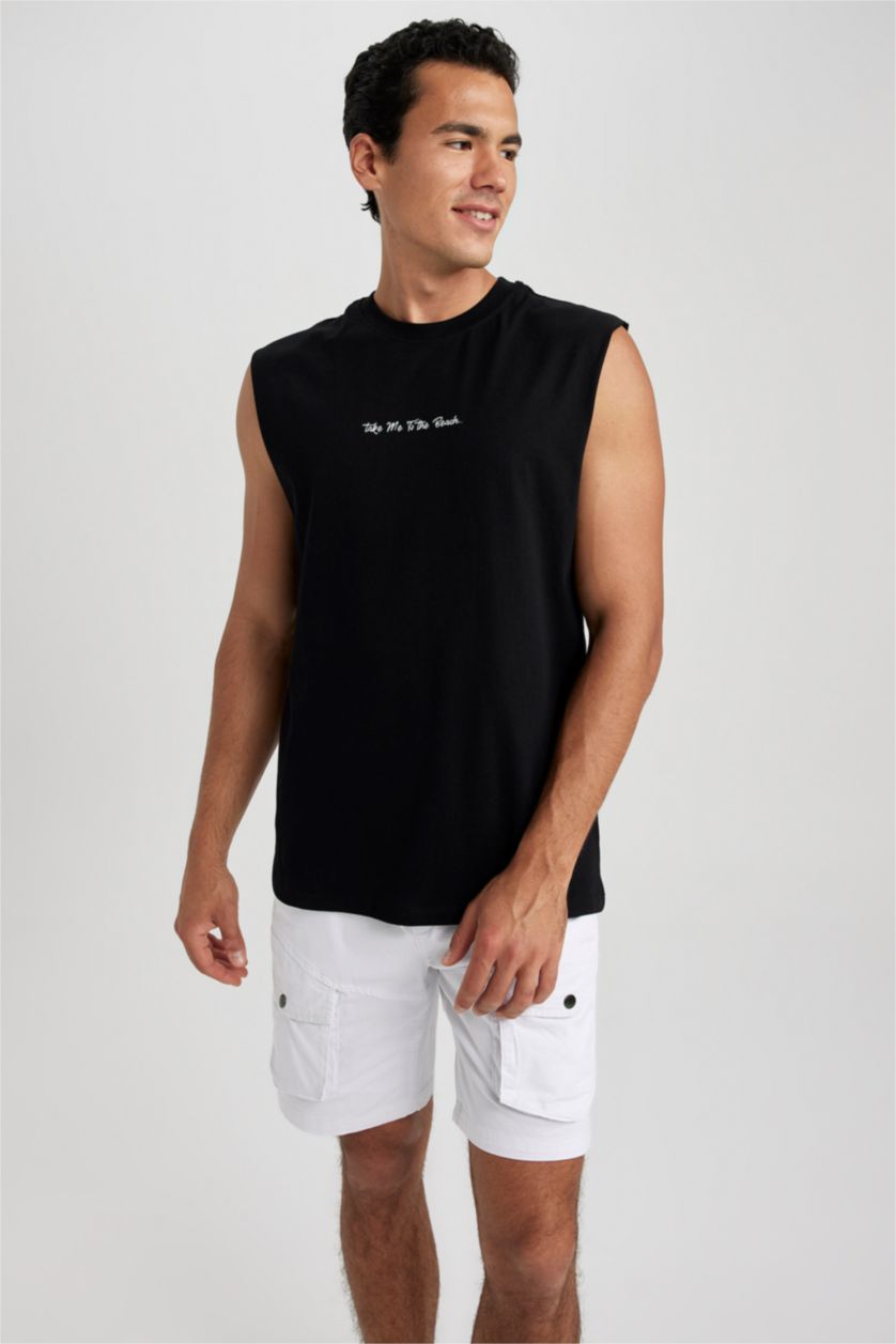 رجال أسود تيشيرت واسع بدون أكمام مطبوع