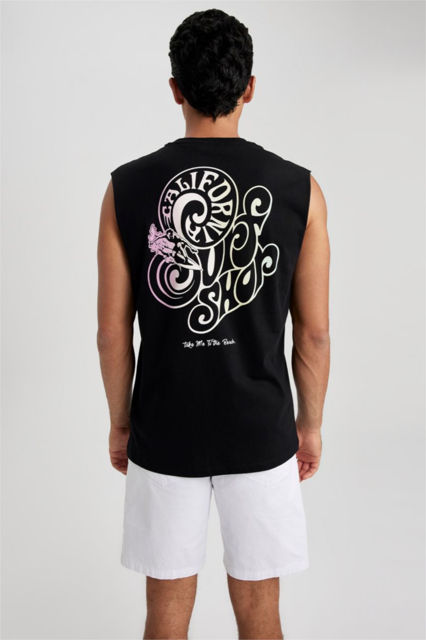 رجال أسود تيشيرت واسع بدون أكمام مطبوع