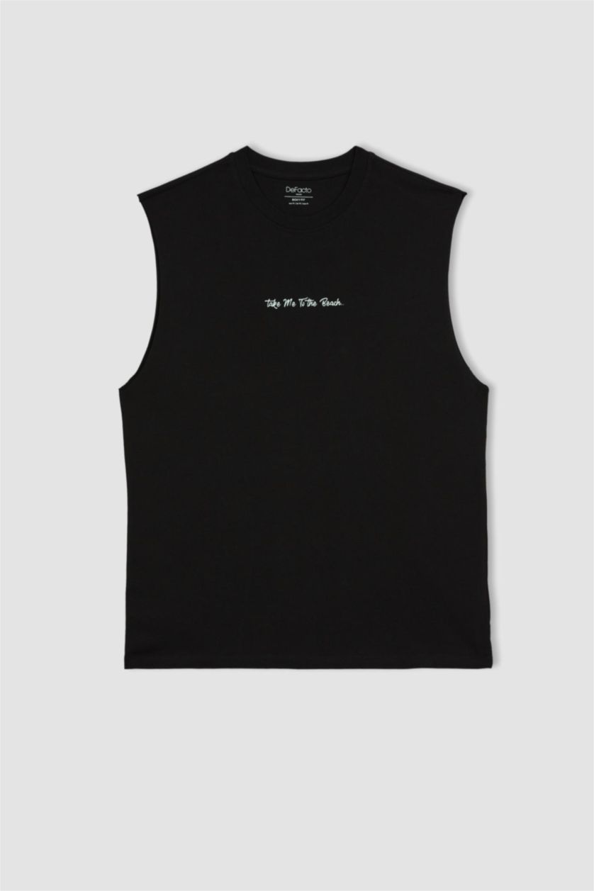 رجال أسود تيشيرت واسع بدون أكمام مطبوع