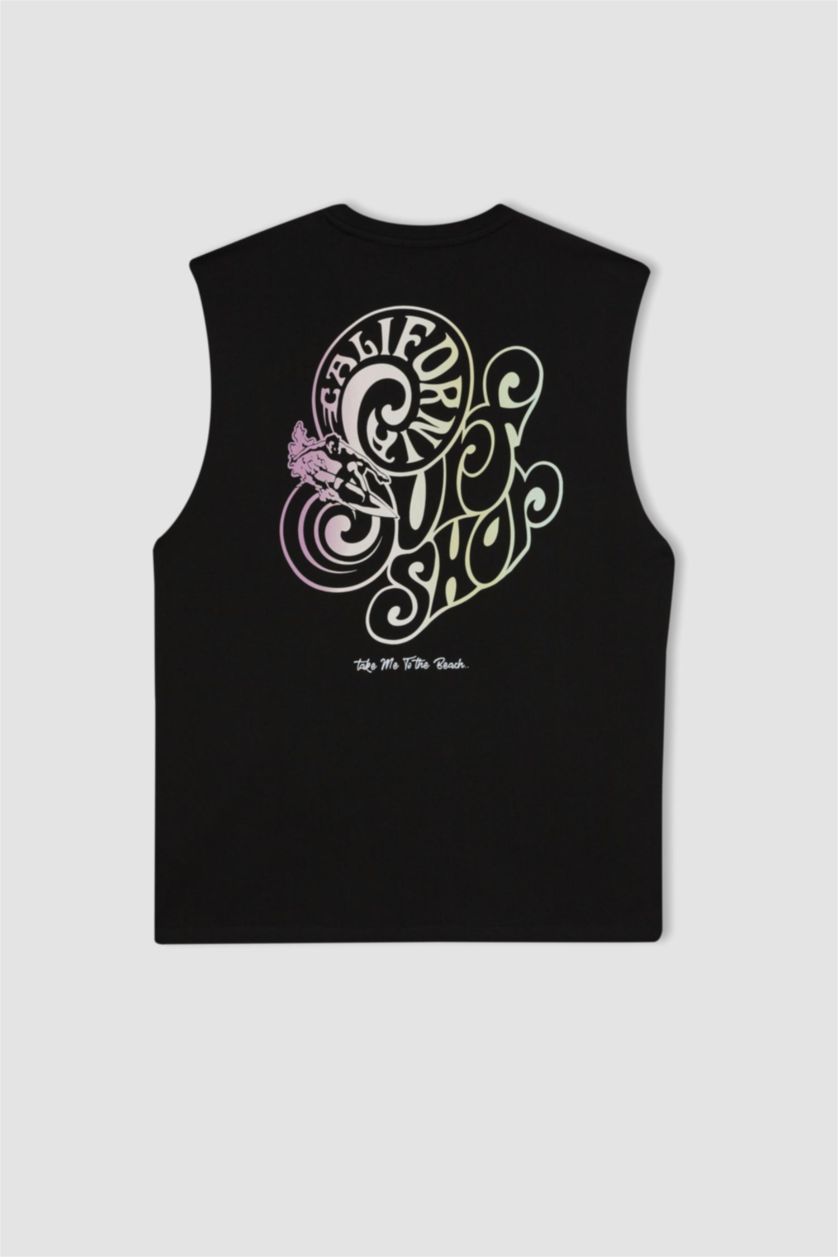 رجال أسود تيشيرت واسع بدون أكمام مطبوع