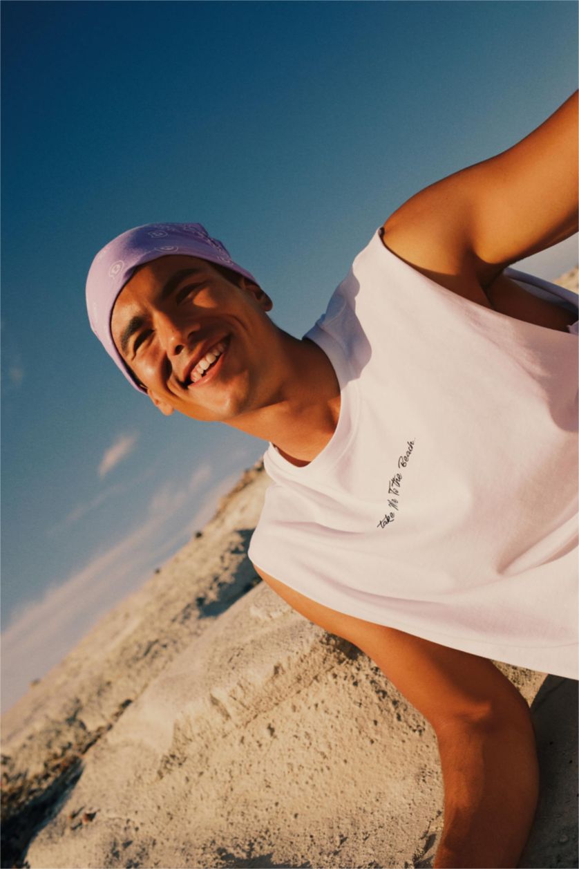 MAN White Boxy Fit Printed Combed Sleeveless T-Shirt