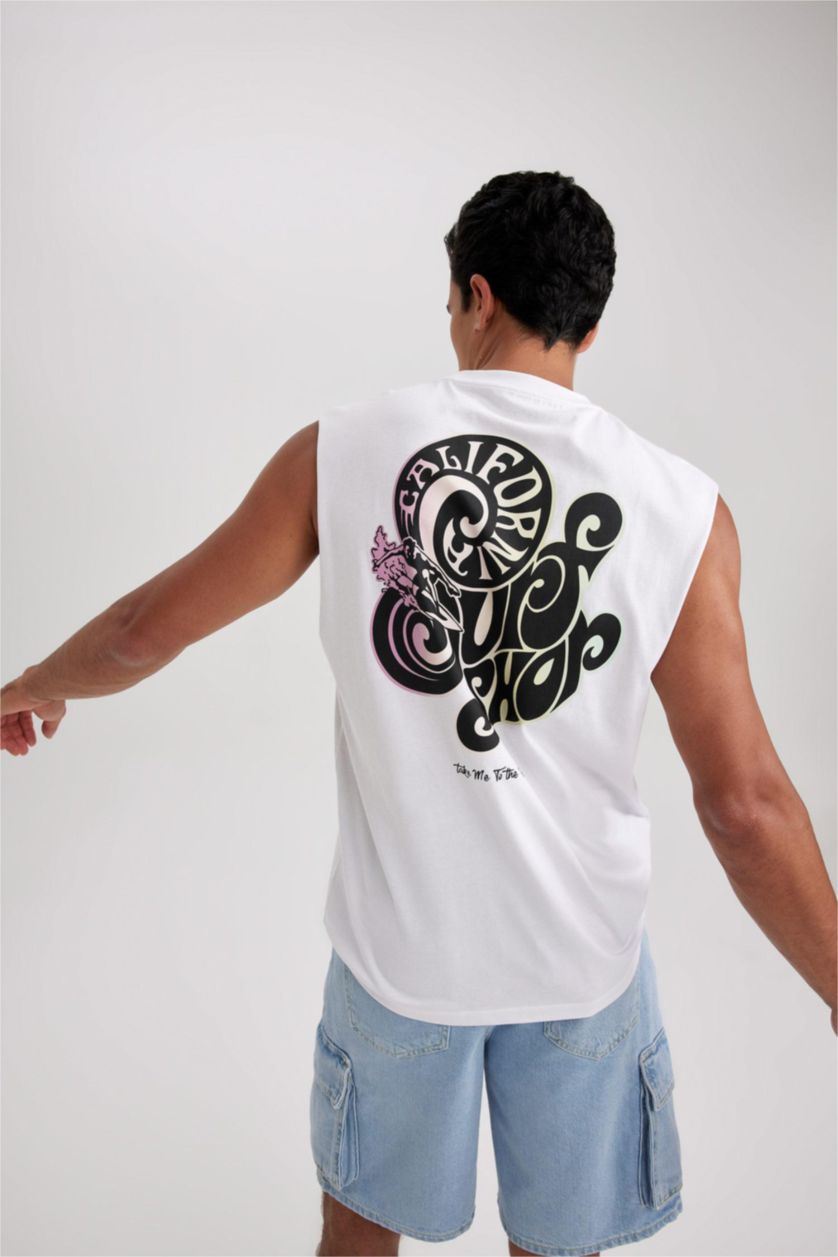 MAN White Boxy Fit Printed Combed Sleeveless T-Shirt