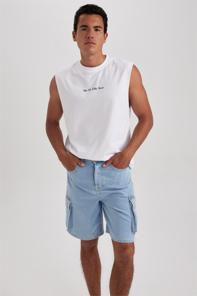 MAN White Boxy Fit Printed Combed Sleeveless T-Shirt