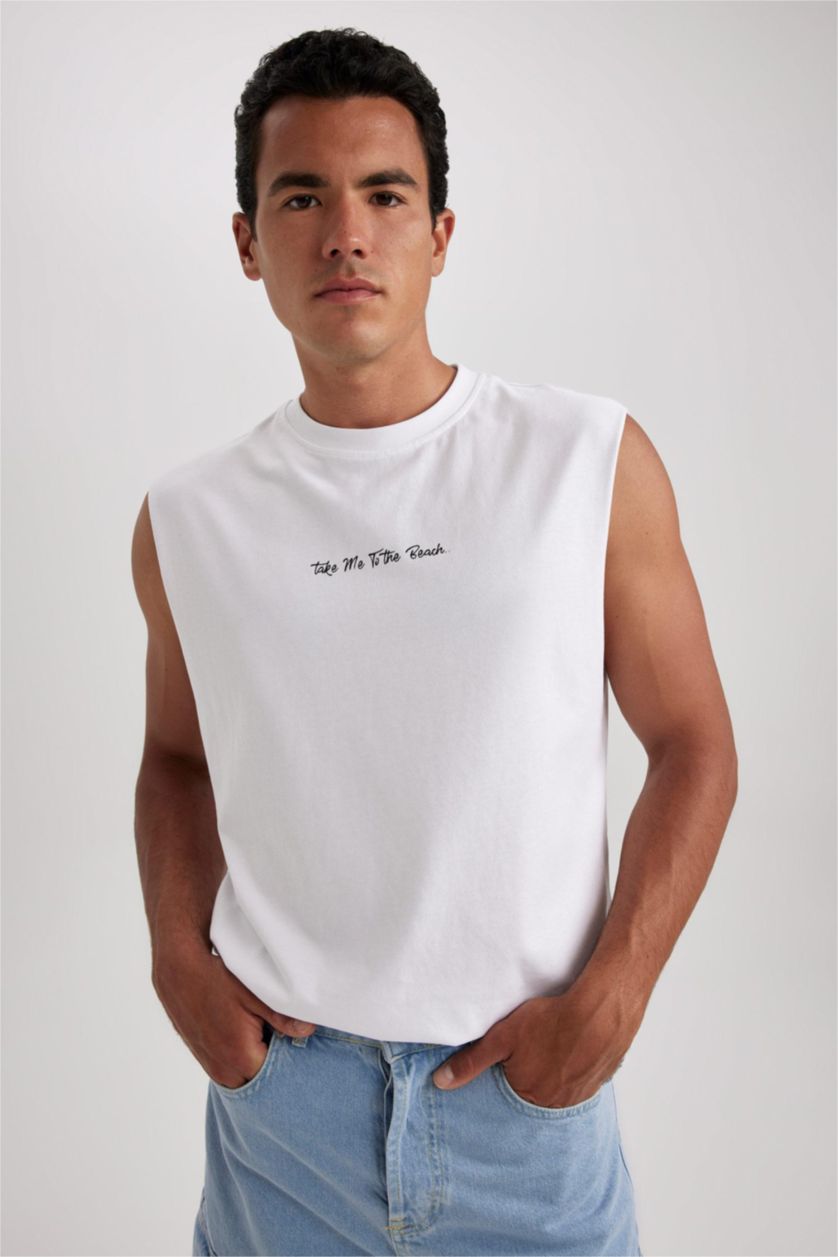MAN White Boxy Fit Printed Combed Sleeveless T-Shirt