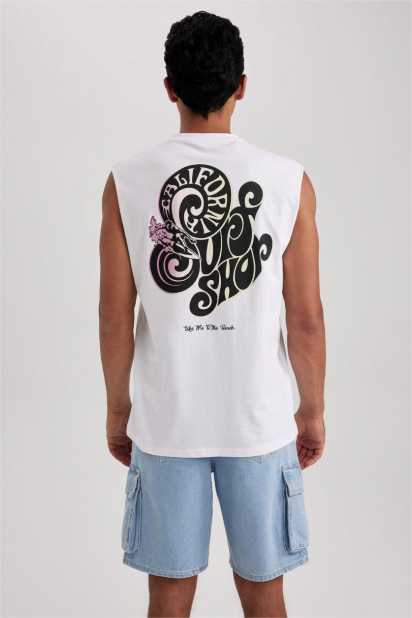 MAN White Boxy Fit Printed Combed Sleeveless T-Shirt