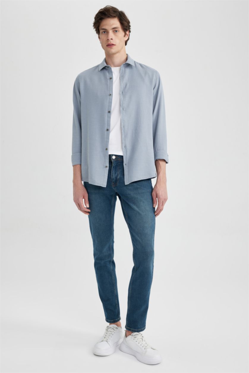 رجالي رمادي فاتح قميص قطن سليم فيت كم طويل