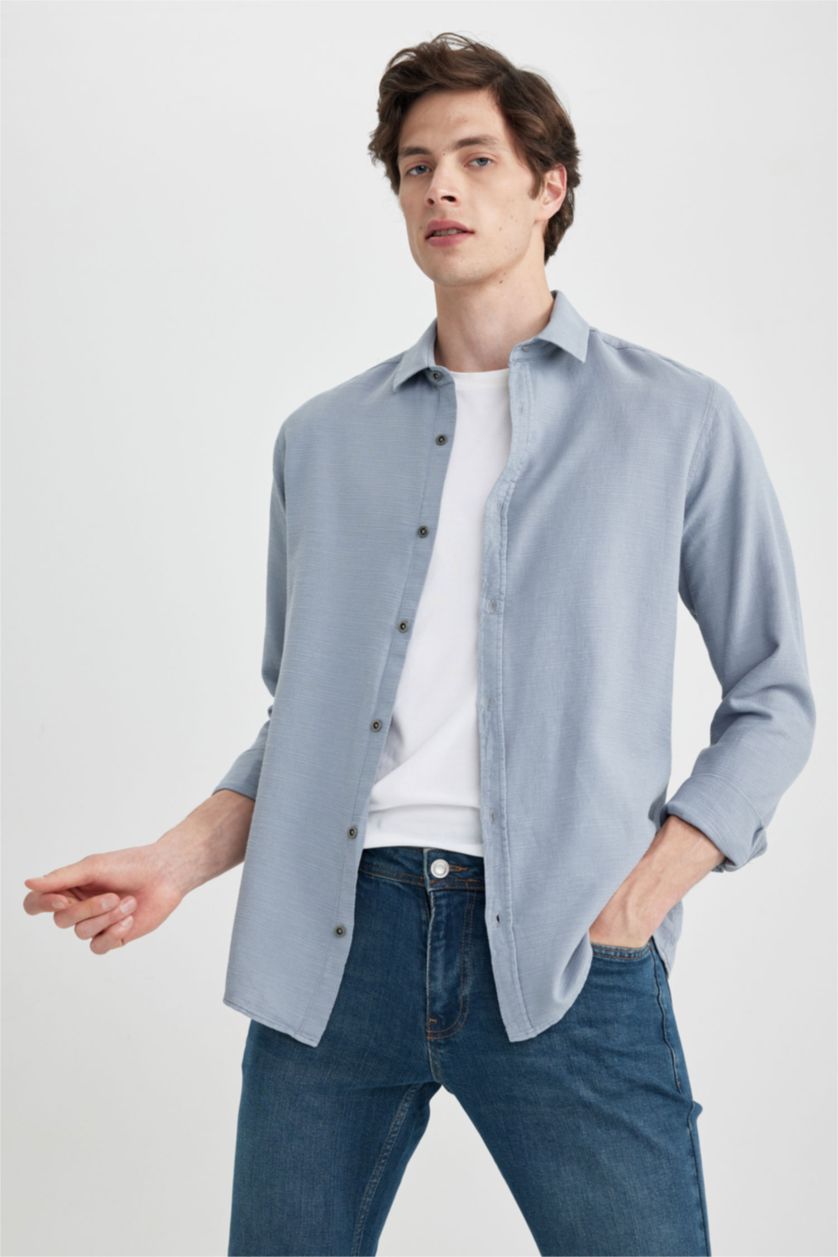 رجالي رمادي فاتح قميص قطن سليم فيت كم طويل