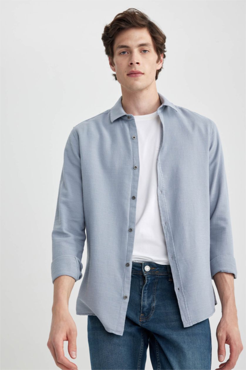 رجالي رمادي فاتح قميص قطن سليم فيت كم طويل