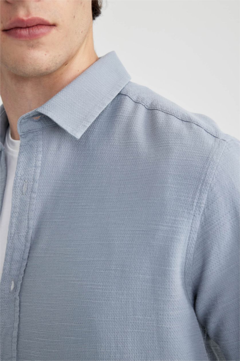 رجالي رمادي فاتح قميص قطن سليم فيت كم طويل