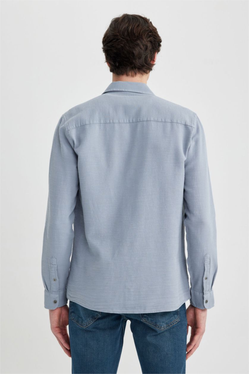 رجالي رمادي فاتح قميص قطن سليم فيت كم طويل