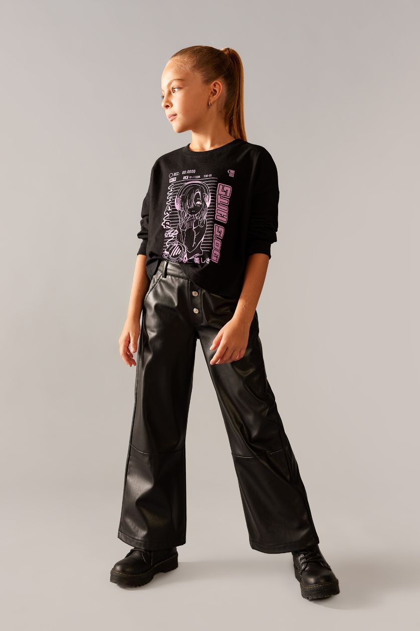 Girls & Teens Black Girl Wide Leg Wide Leg Faux Leather Trousers