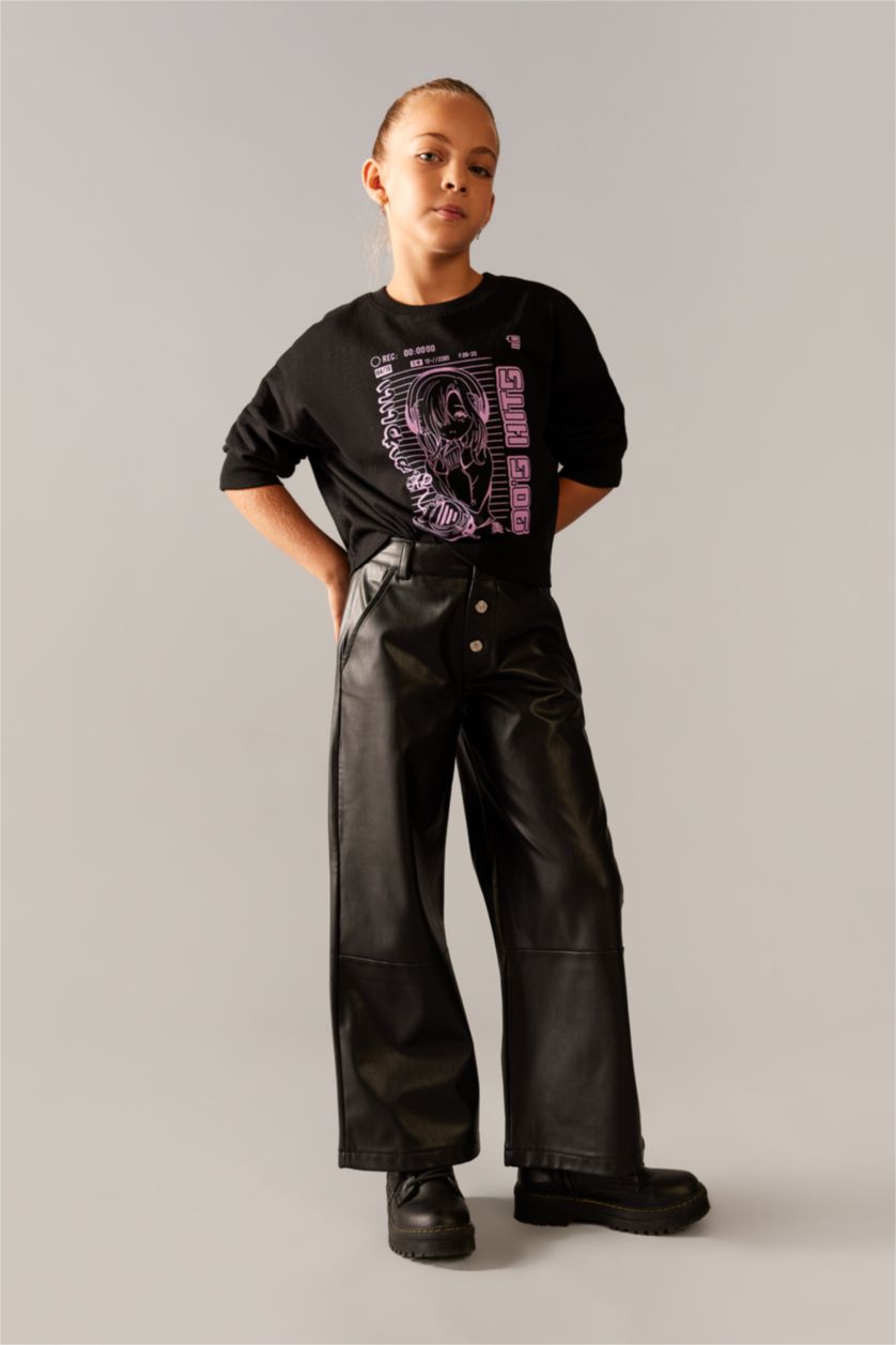 Girls & Teens Black Girl Wide Leg Wide Leg Faux Leather Trousers