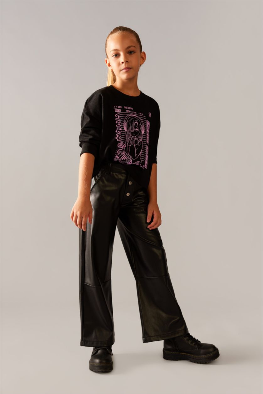 Girls & Teens Black Girl Wide Leg Wide Leg Faux Leather Trousers