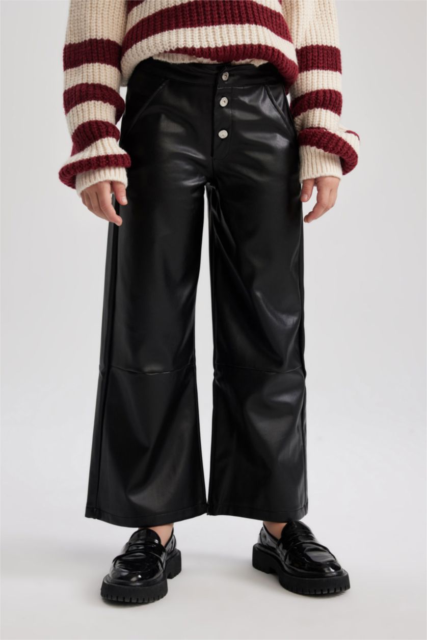 Girls & Teens Black Girl Wide Leg Wide Leg Faux Leather Trousers