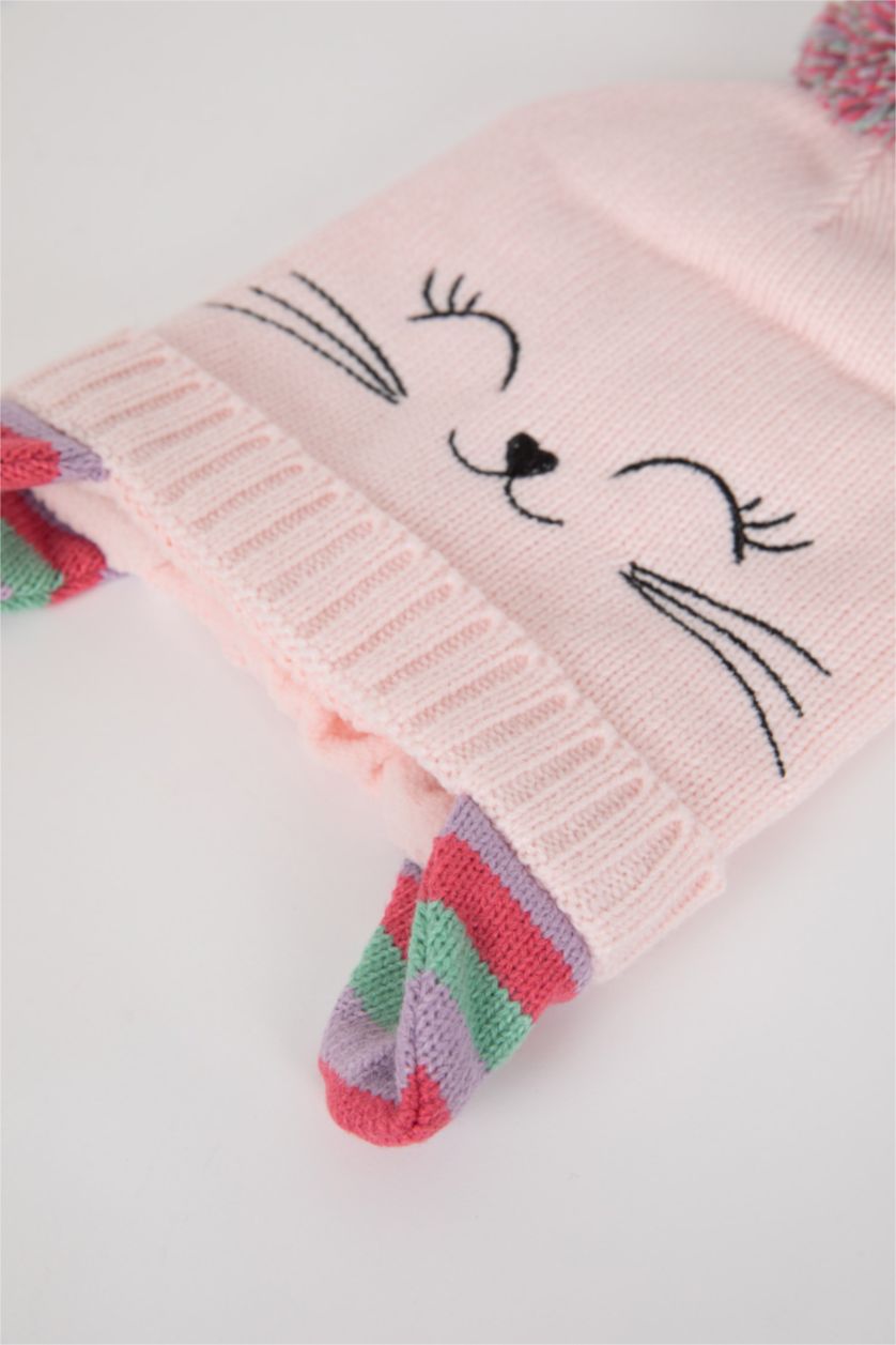 Kız Çocuk - Genç Kız Pembe Kız Çocuk Kedi Figürlü Ponponlu Bere