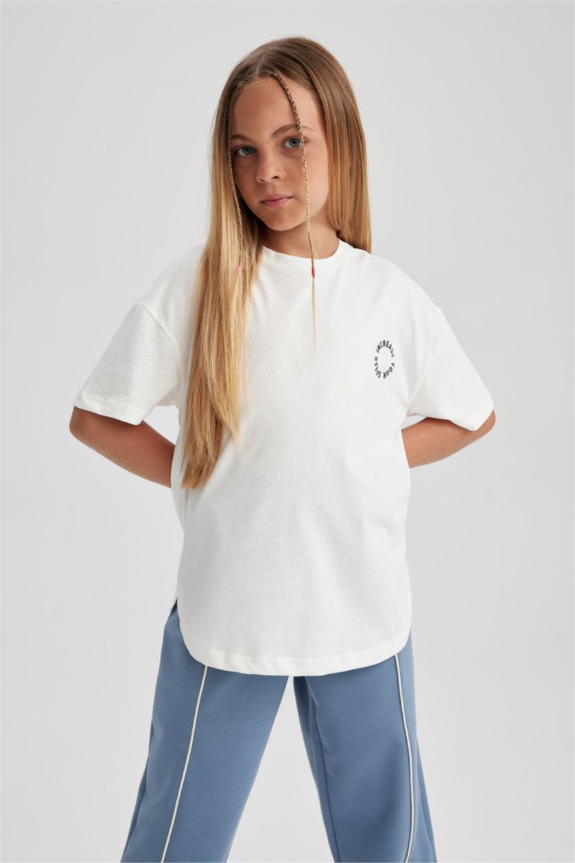 Девочки и подростки Кремовый Футболка свободного кроя для девочек