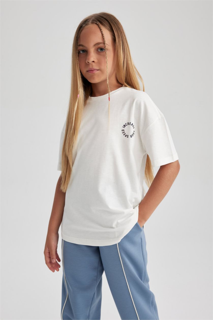 Девочки и подростки Кремовый Футболка свободного кроя для девочек