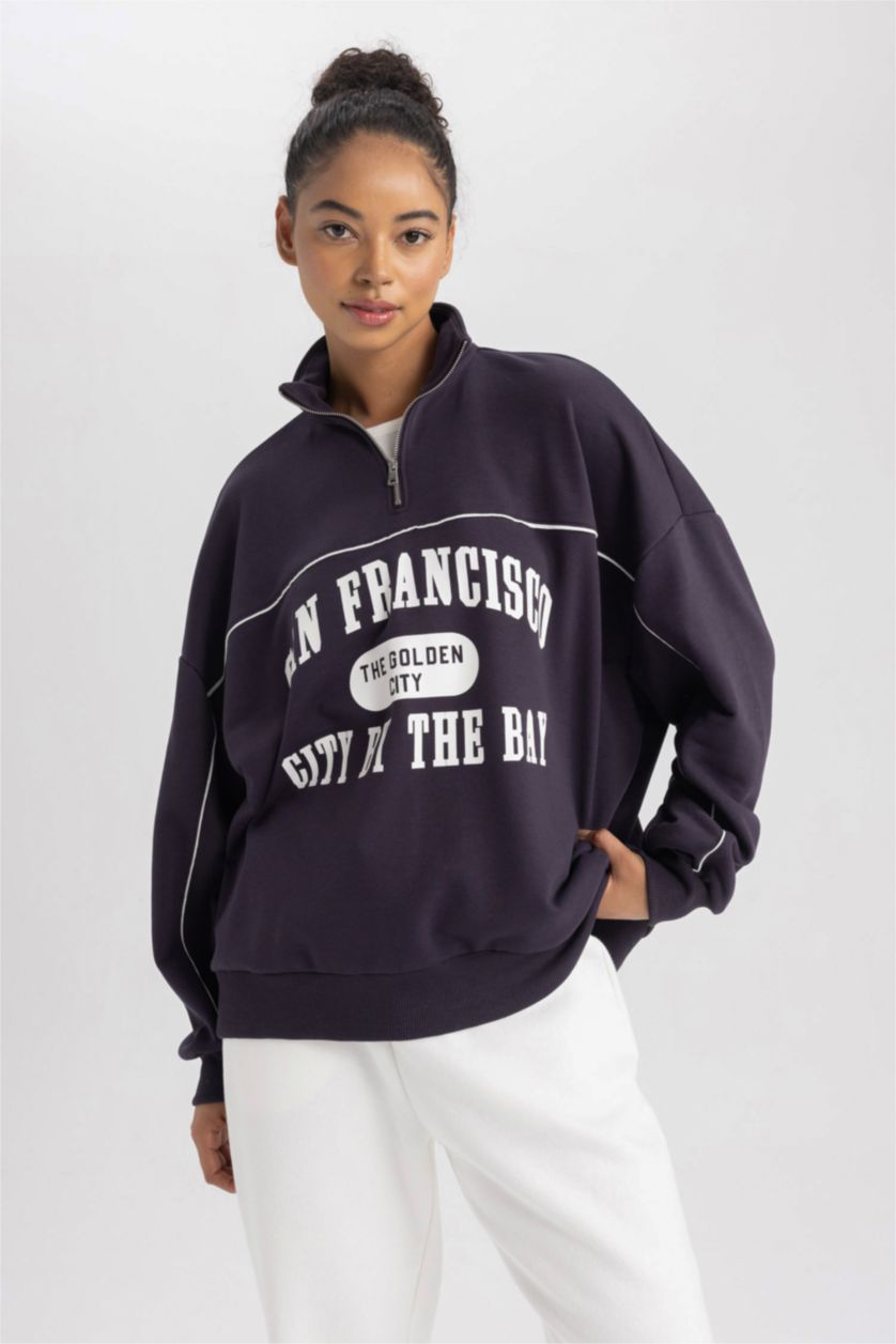 Женская Темно-фиолетовый Свитшот оверсайз, DeFactoFit