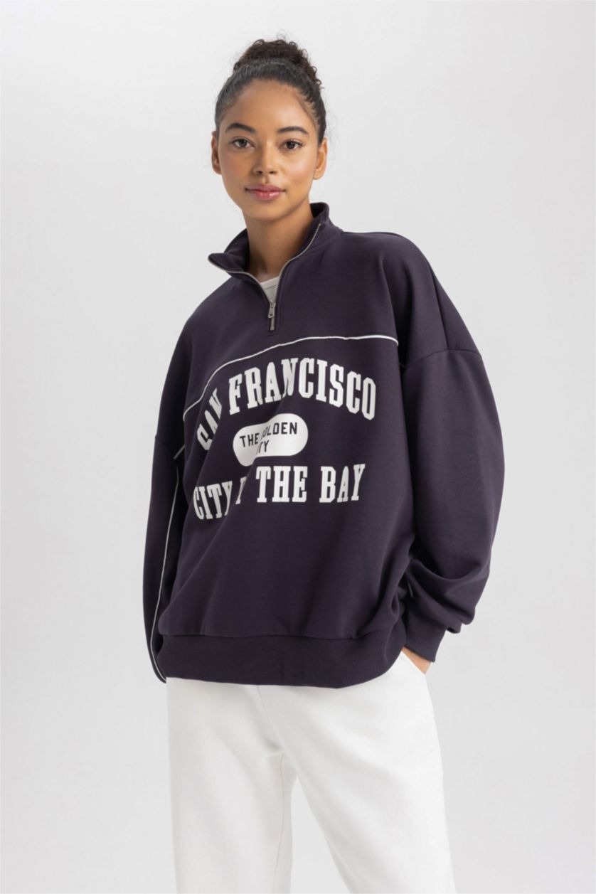 Женская Темно-фиолетовый Свитшот оверсайз, DeFactoFit