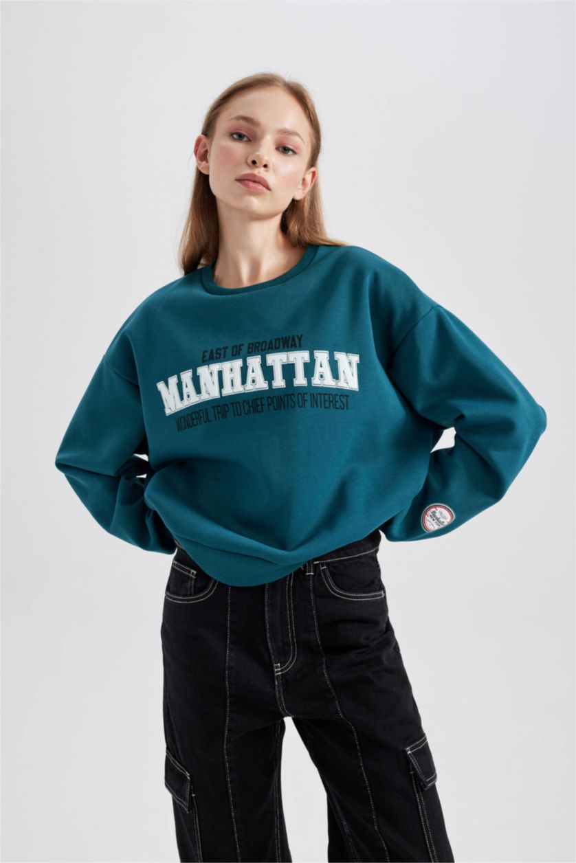 WOMAN Green Thick Sweatshirt Fabric Sweatshirt