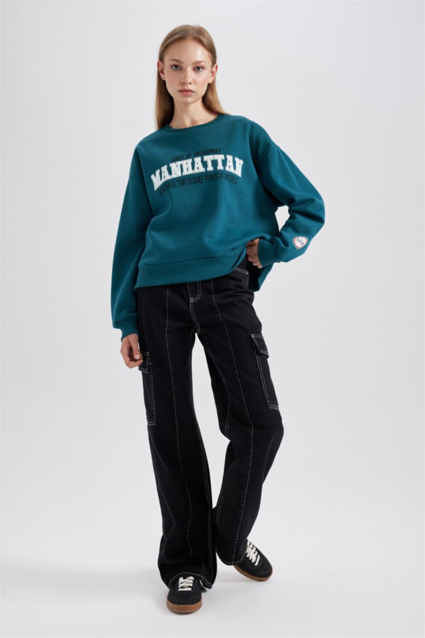 WOMAN Green Thick Sweatshirt Fabric Sweatshirt