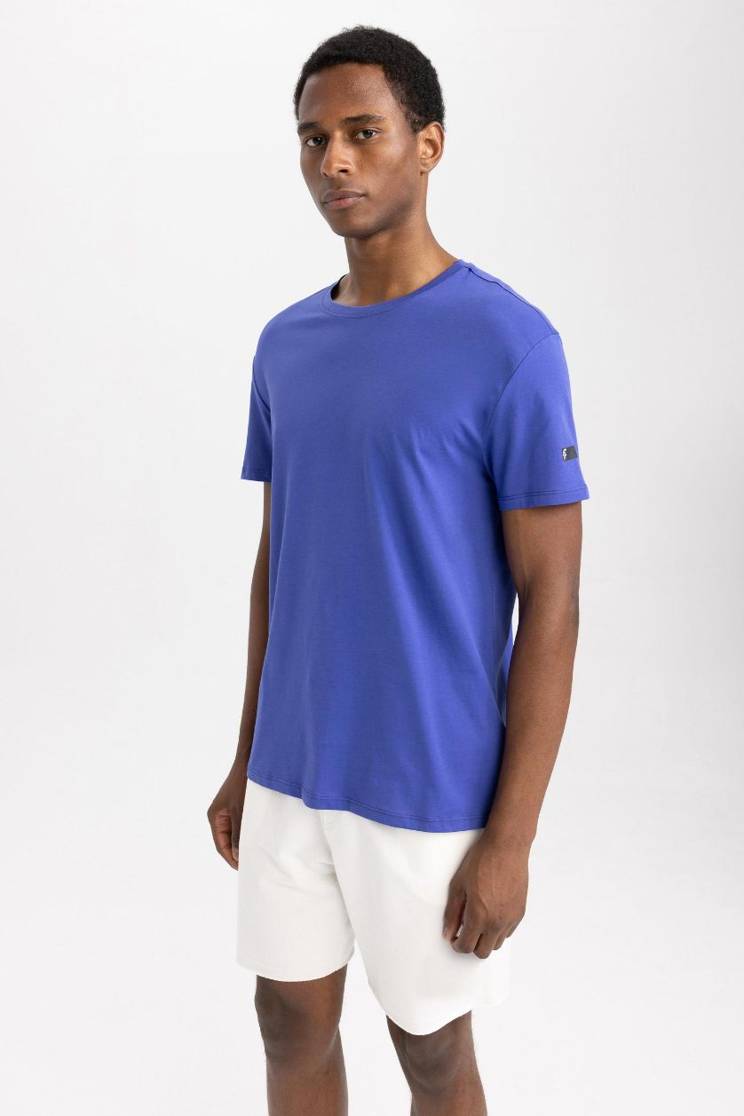 Erkek Menekşe DeFactoFit Standart Fit Bisiklet Yaka Baskılı Kısa Kollu %100 Pamuk Tişört