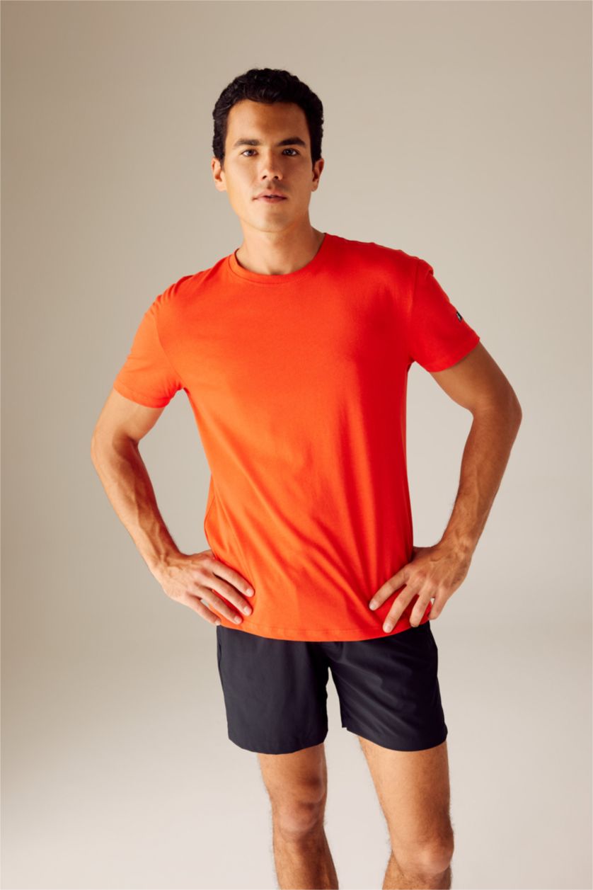 رجال أحمر تي شيرت قطن قصة عادية بياقة مستديرة