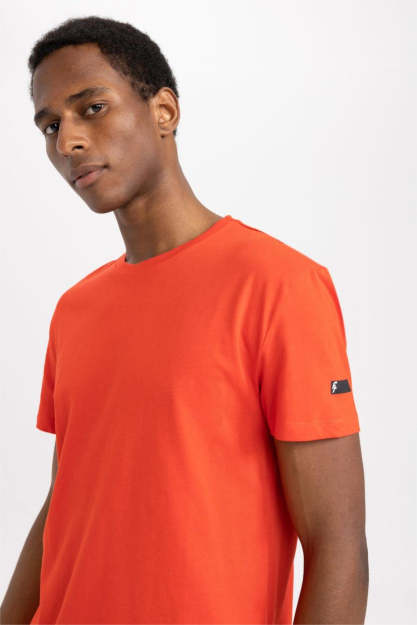 رجال أحمر تي شيرت قطن قصة عادية بياقة مستديرة