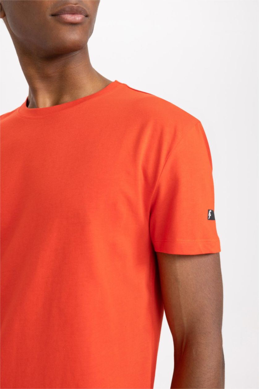 رجال أحمر تي شيرت قطن قصة عادية بياقة مستديرة