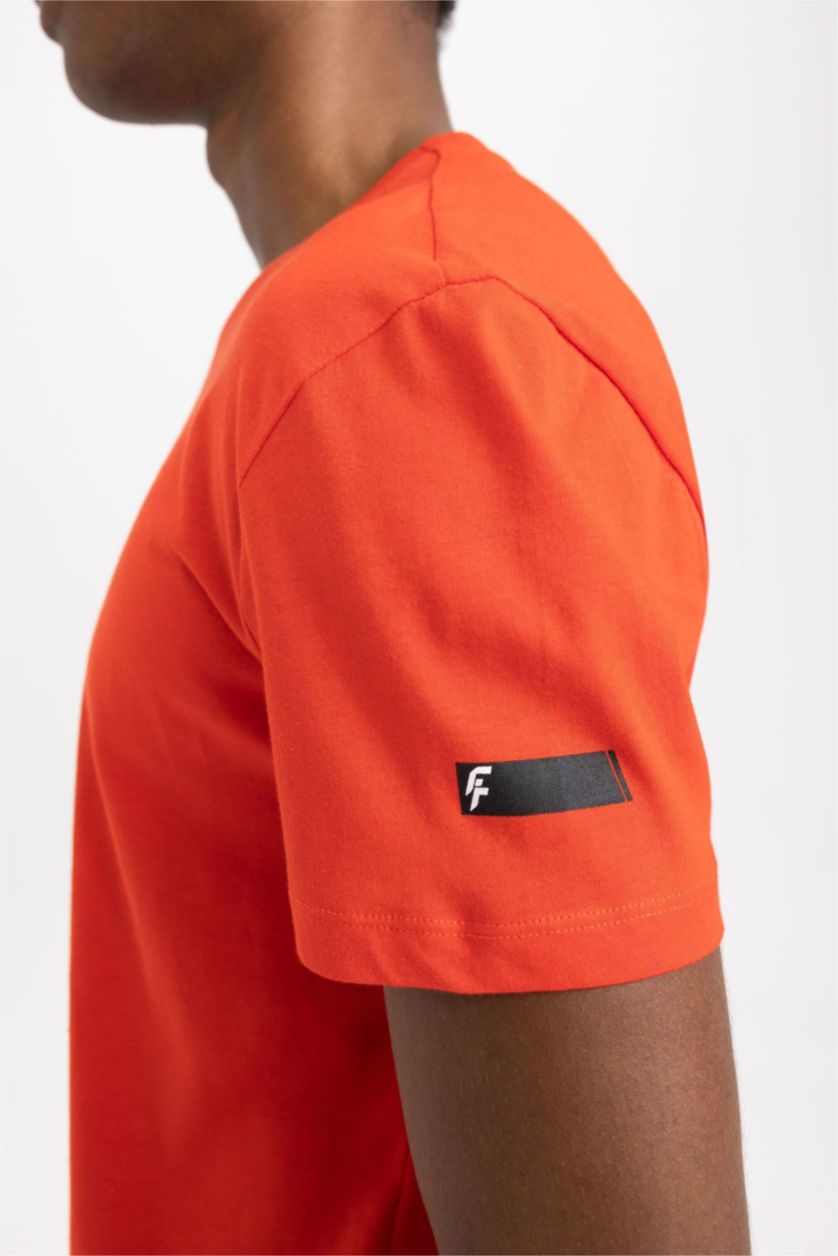 رجال أحمر تي شيرت قطن قصة عادية بياقة مستديرة